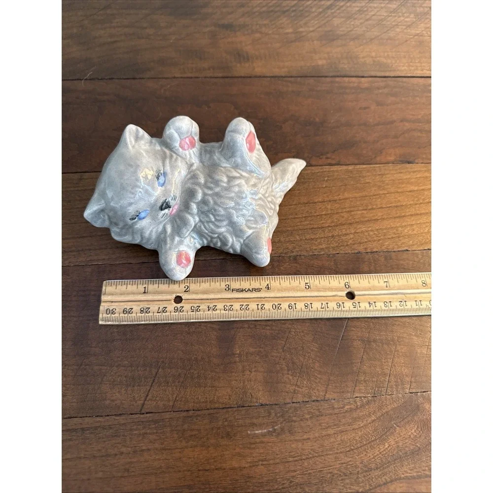 Vintage White Ceramic Persian Cat Pink Paws Blue Eyes Kitty Laying On Back